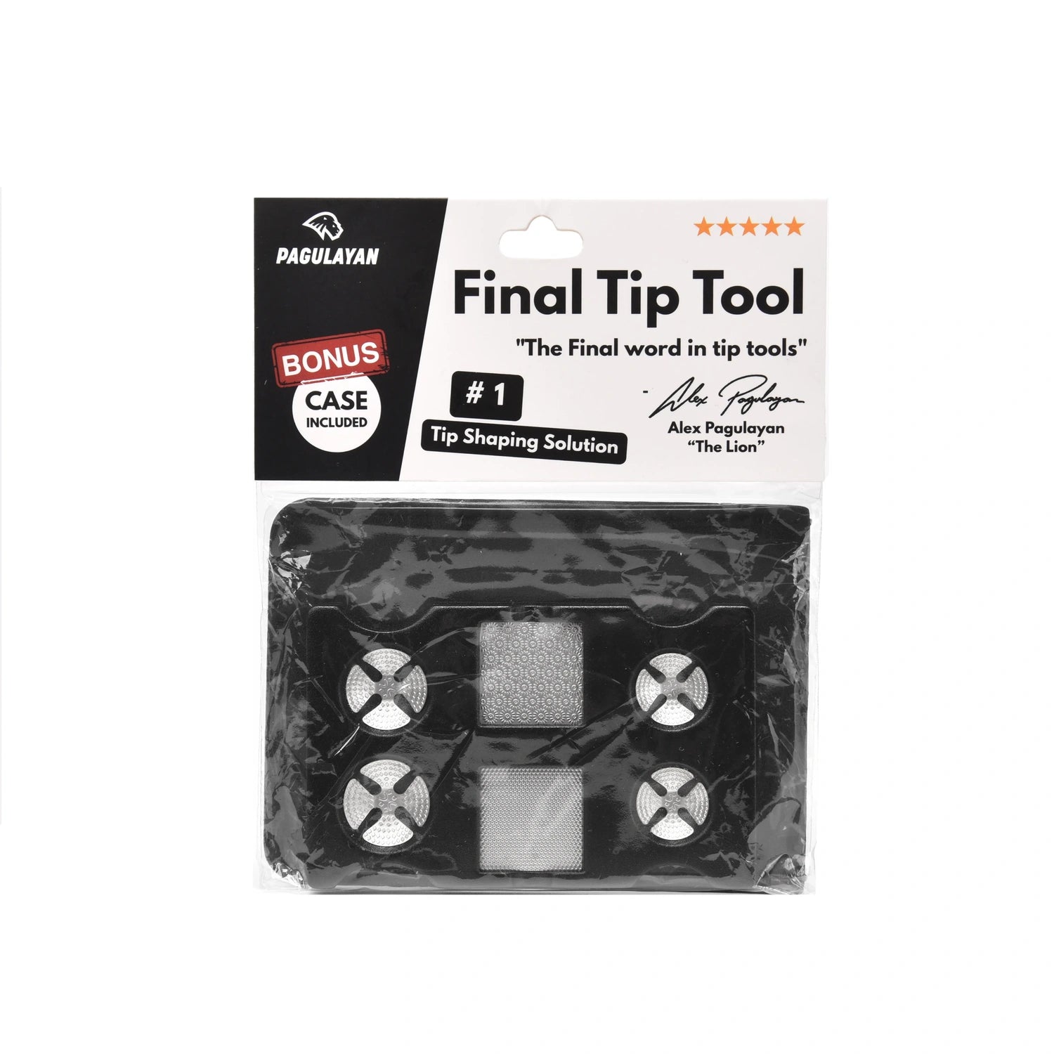 Final Tip Tool pool cue tip tool packaging with included case and cue tip shaper features displayed.