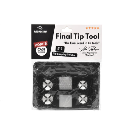 Final Tip Tool pool cue tip tool packaging with included case and cue tip shaper features displayed.