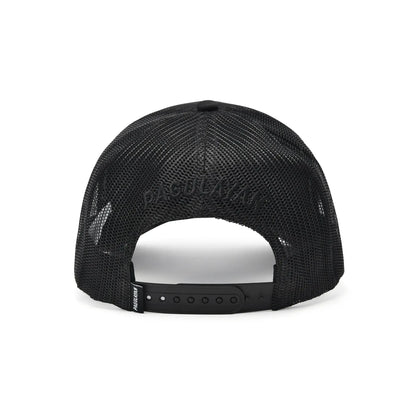 Back view of Lion Head Blackout Cap showing breathable mesh panels and adjustable snapback on 5 panel trucker cap.