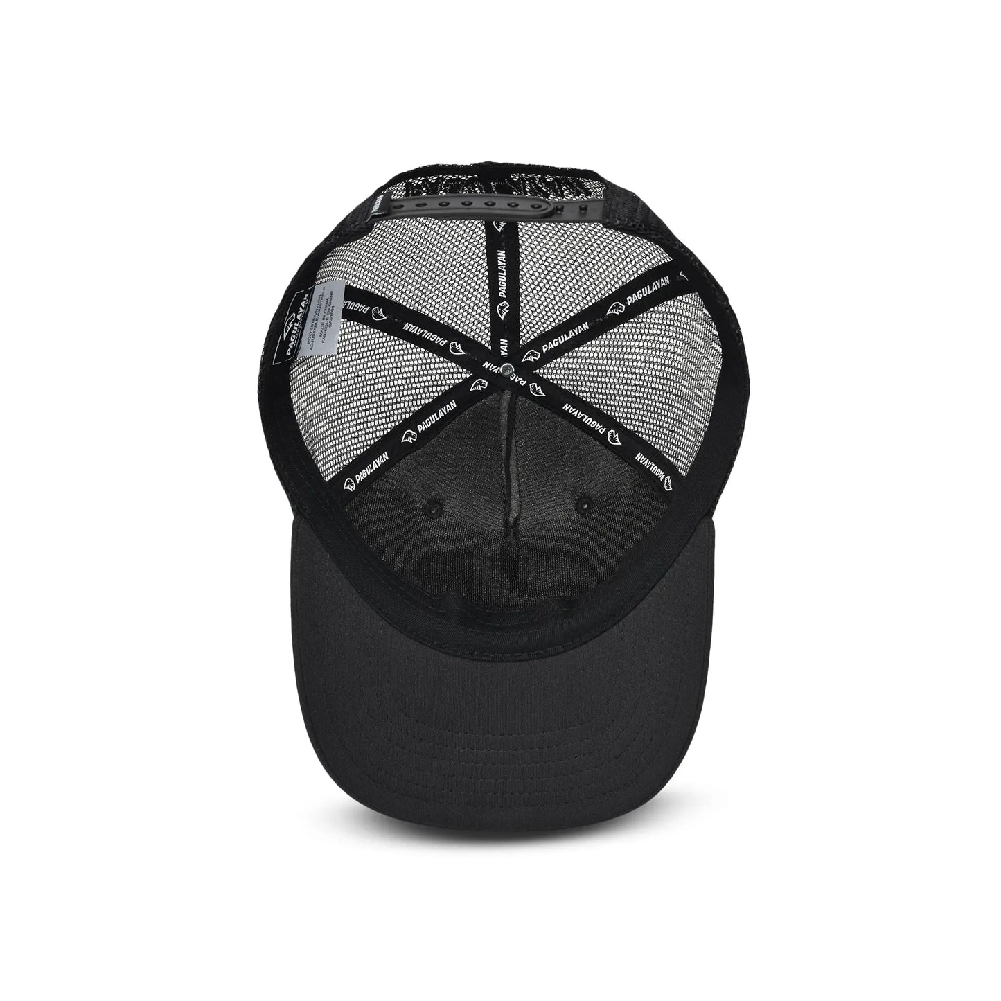 Interior view of Lion Head Blackout Cap showing mesh lining, adjustable snapback strap, and Pagulayan branding on 5 panel trucker cap.