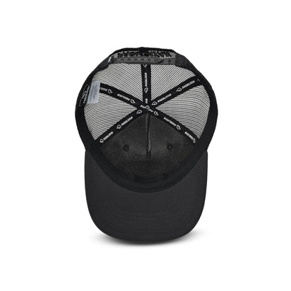 Interior view of Lion Head Blackout Cap showing mesh lining, adjustable snapback strap, and Pagulayan branding on 5 panel trucker cap.