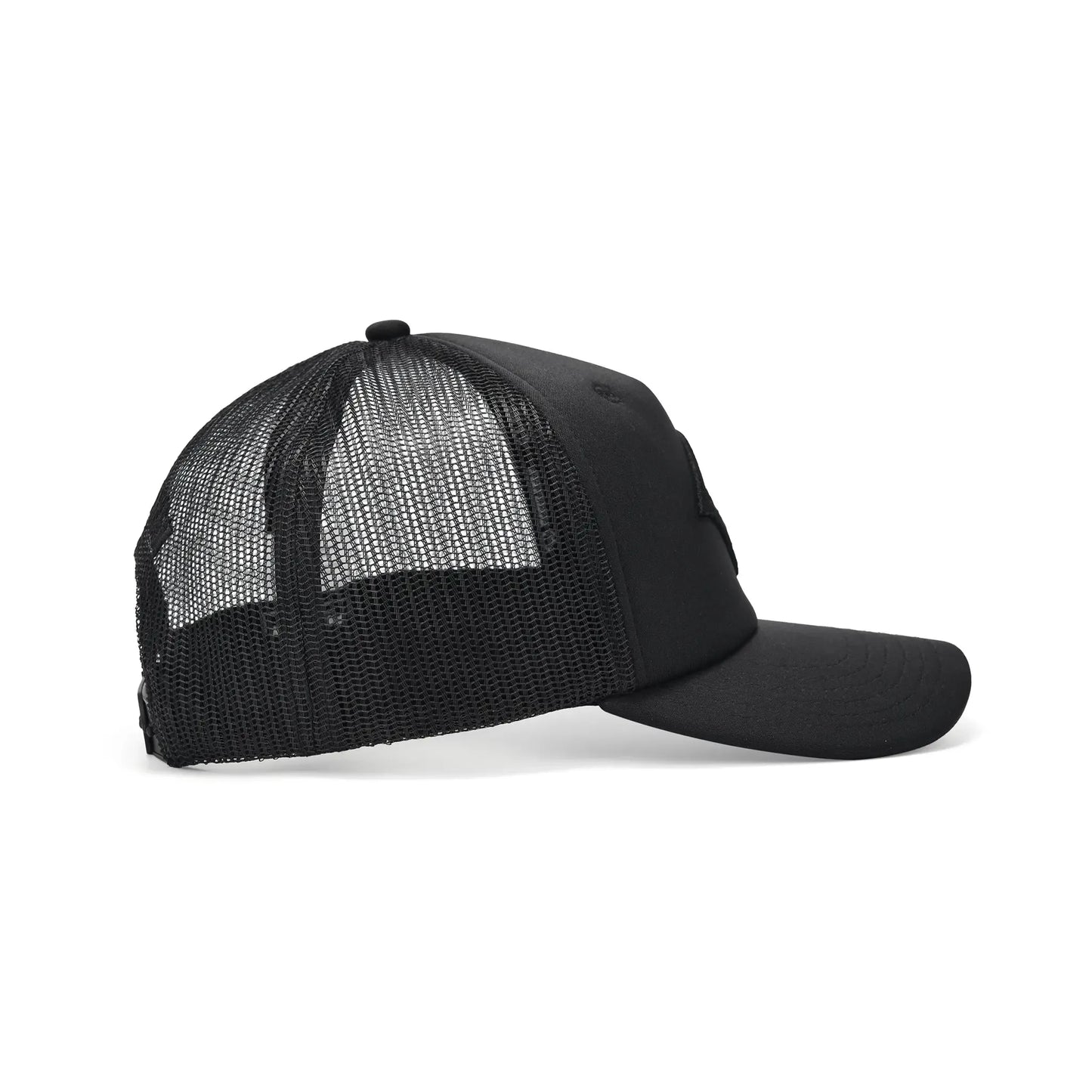 Side view of Lion Head Blackout Cap showing breathable mesh panels and curved bill on black 5 panel trucker cap.
