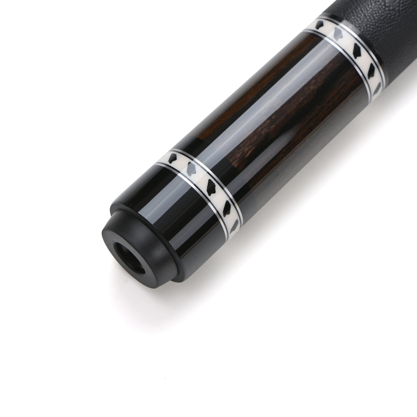 Close-up of a Pagulayan black and silver premium cylindrical object on a white background