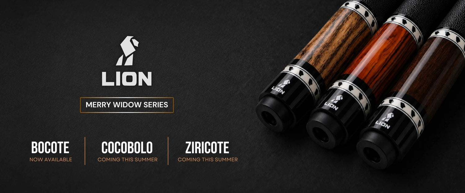 LION Merry Widow Series pool cues featuring Bocote, Cocobolo, and Ziricote exotic wood cue designs.
