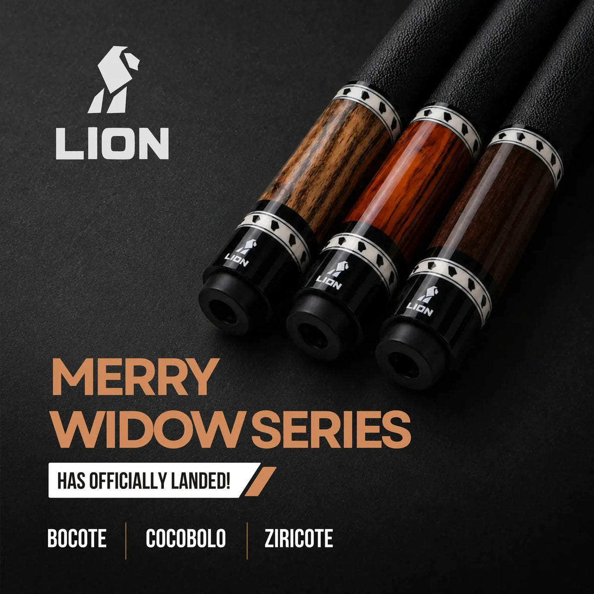 Three wooden vape pens with black accents on a dark background, featuring the Lion brand.