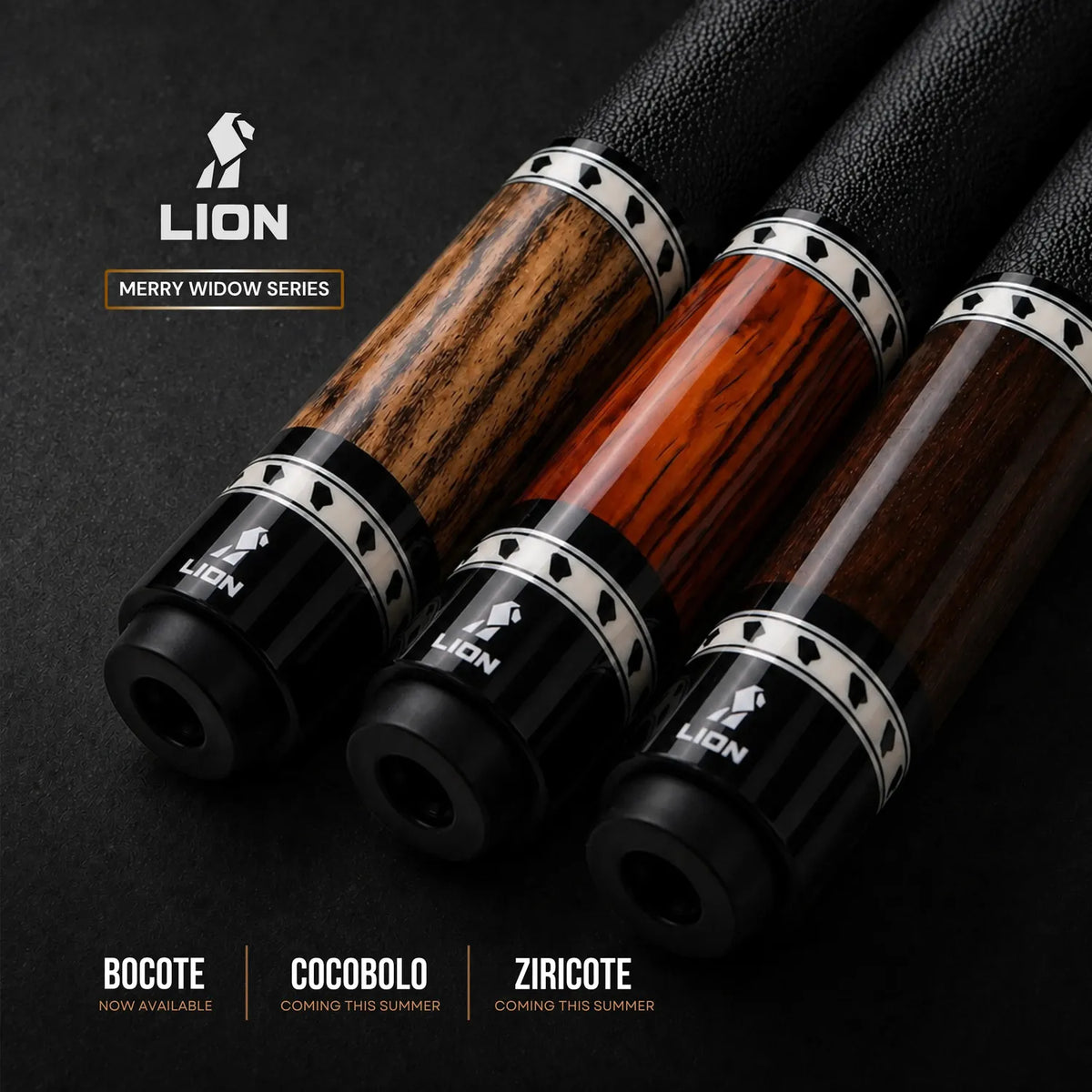 LION Merry Widow Series exotic wood pool cues in Bocote, Cocobolo, and Ziricote.
