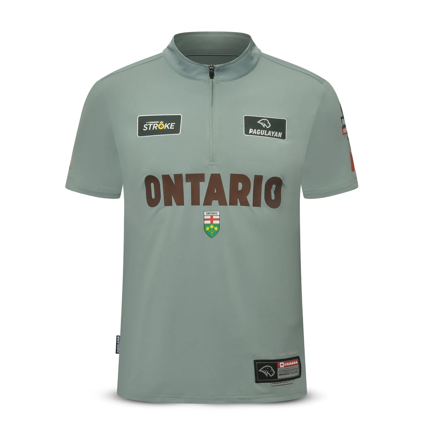 Front view of the Team Ontario billiards jersey with Ontario text, provincial crest, and sponsor logos on a light grey fabric.