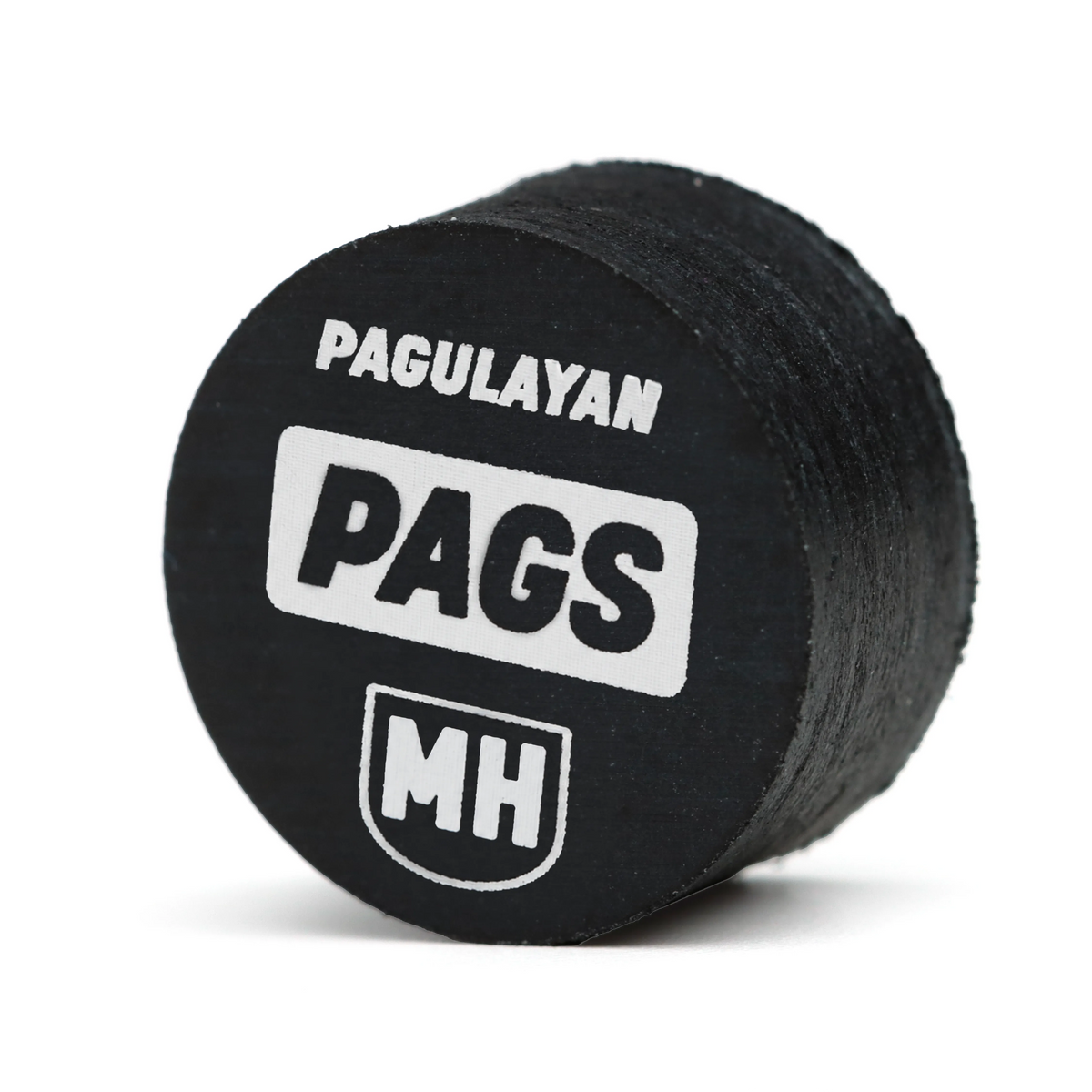 Angled view of PAGS Medium Hard pool cue tip showing Pagulayan branding and layered leather construction.