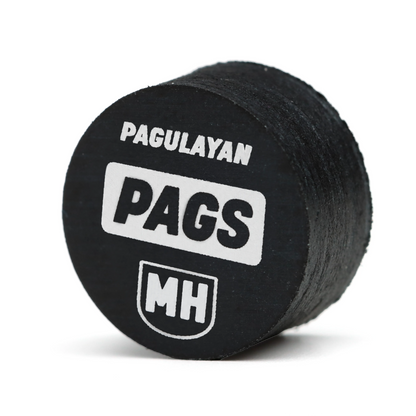 Angled view of PAGS Medium Hard pool cue tip showing Pagulayan branding and layered leather construction.