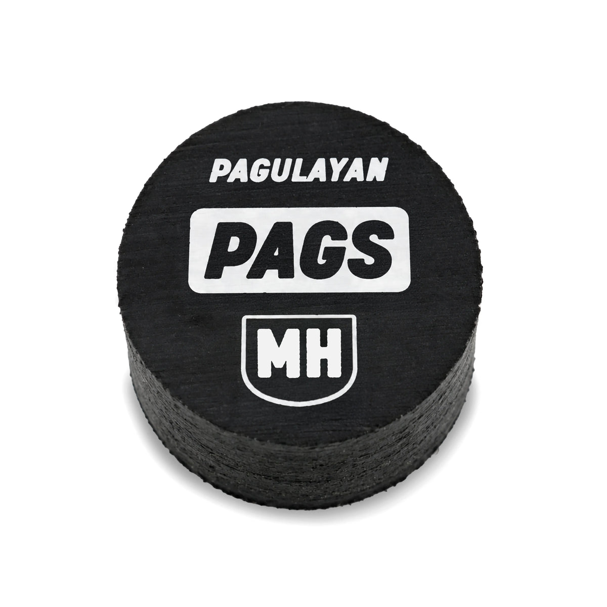 Front view of PAGS Medium Hard pool cue tip with Pagulayan branding and layered leather construction.
