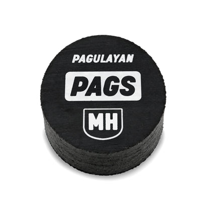 Front view of PAGS Medium Hard pool cue tip with Pagulayan branding and layered leather construction.