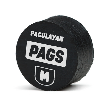 Angled view of PAGS Medium pool cue tip showing its layered leather construction.