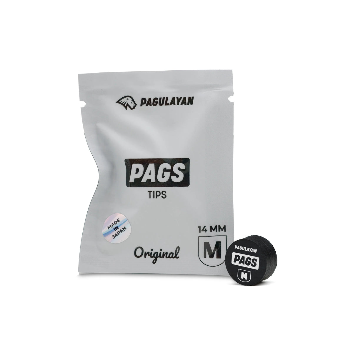PAGS Medium 14 mm pool cue tip with Pagulayan packaging, made in Japan.