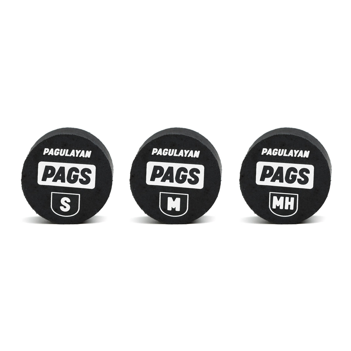 Front view of PAGS pool cue tips in Soft, Medium, and Medium Hard variants with Pagulayan branding.