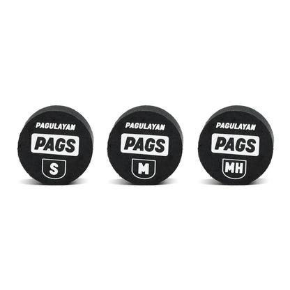 Front view of PAGS pool cue tips in Soft, Medium, and Medium Hard variants with Pagulayan branding.