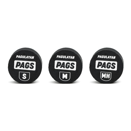 Front view of PAGS pool cue tips in Soft, Medium, and Medium Hard variants with Pagulayan branding.