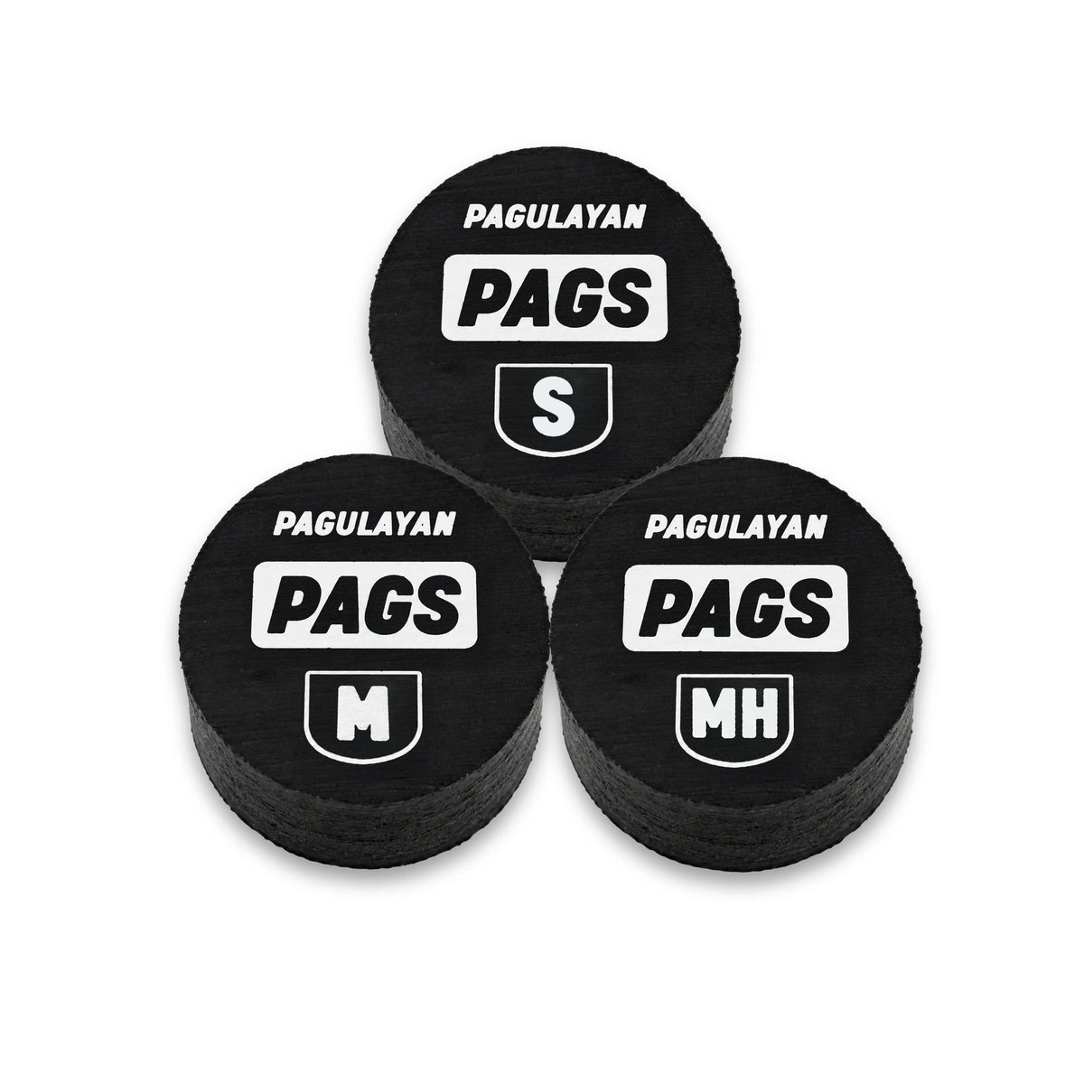 PAGS pool cue tips in Soft, Medium, and Medium Hard variants with Pagulayan branding.