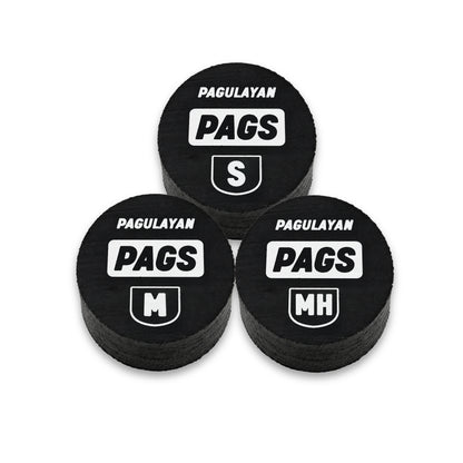 PAGS pool cue tips in Soft, Medium, and Medium Hard variants with Pagulayan branding.