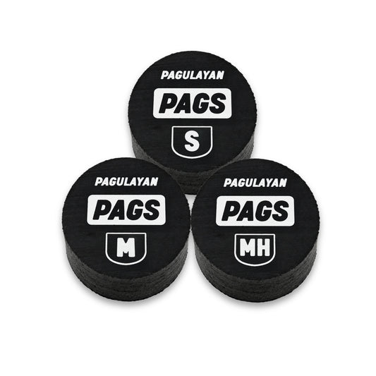 PAGS pool cue tips in Soft, Medium, and Medium Hard variants with Pagulayan branding.