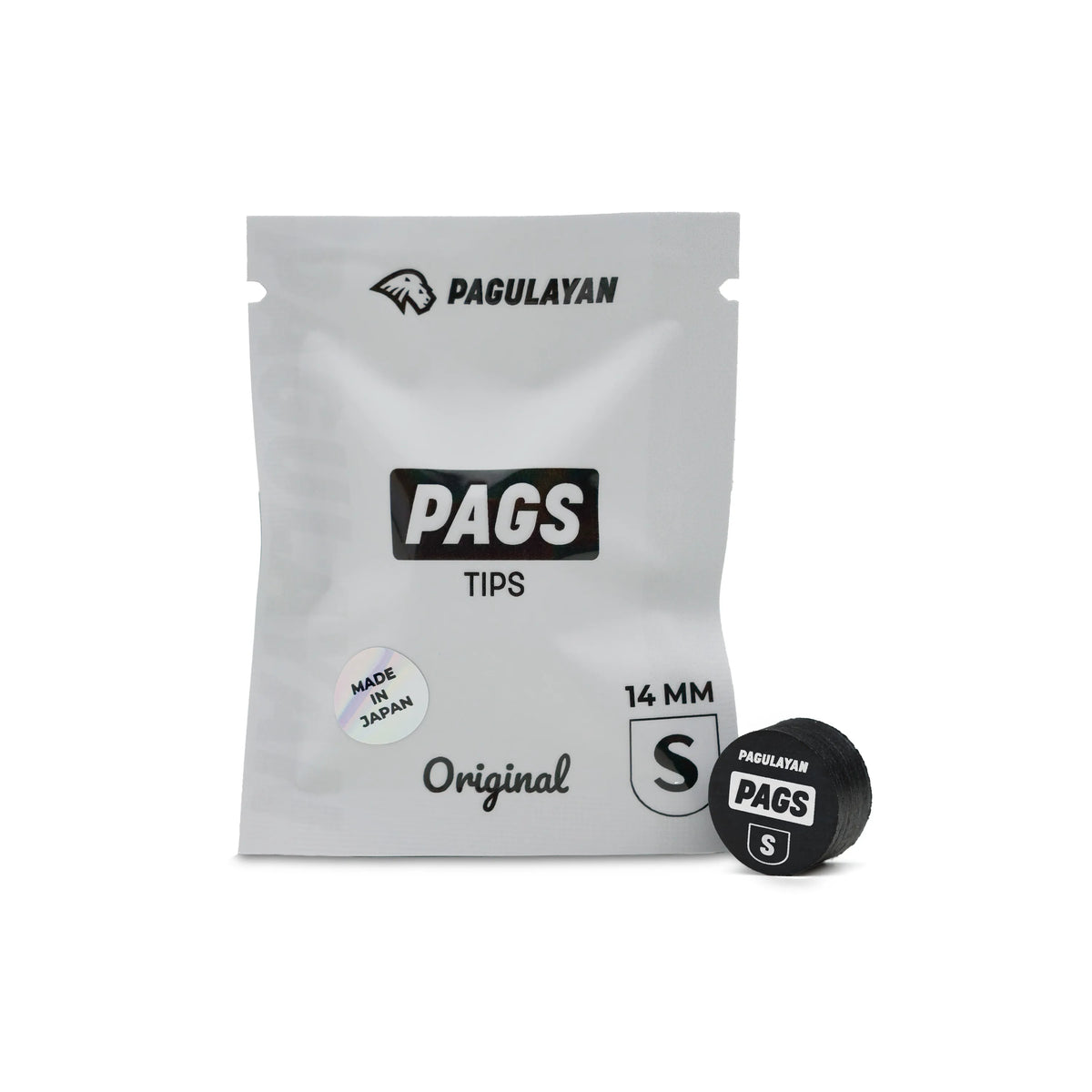 PAGS Soft 14 mm pool cue tip with Pagulayan packaging, made in Japan.
