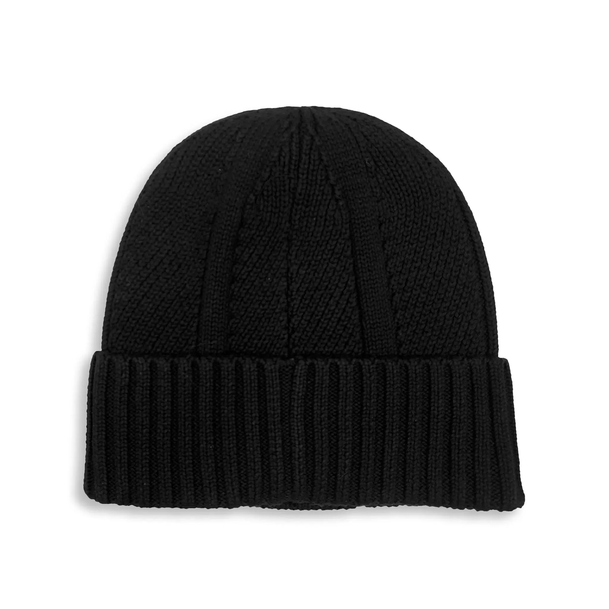 Back view of Pagulayan black cotton toque showing ribbed knit texture and folded cuff on soft cotton beanie.