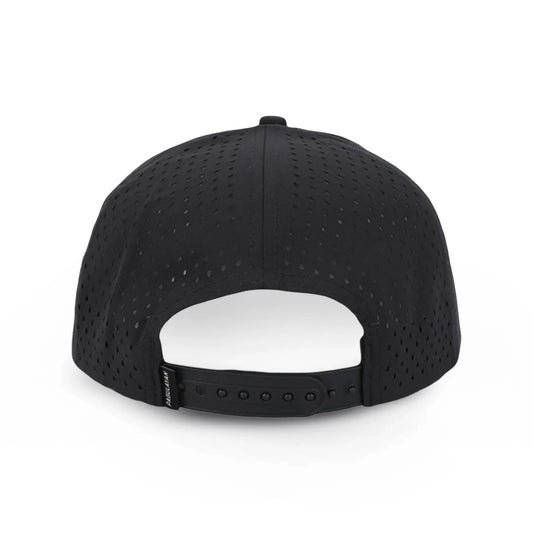 Back view of Pagulayan black perforated 6 panel cap with ventilation holes and adjustable snapback closure.