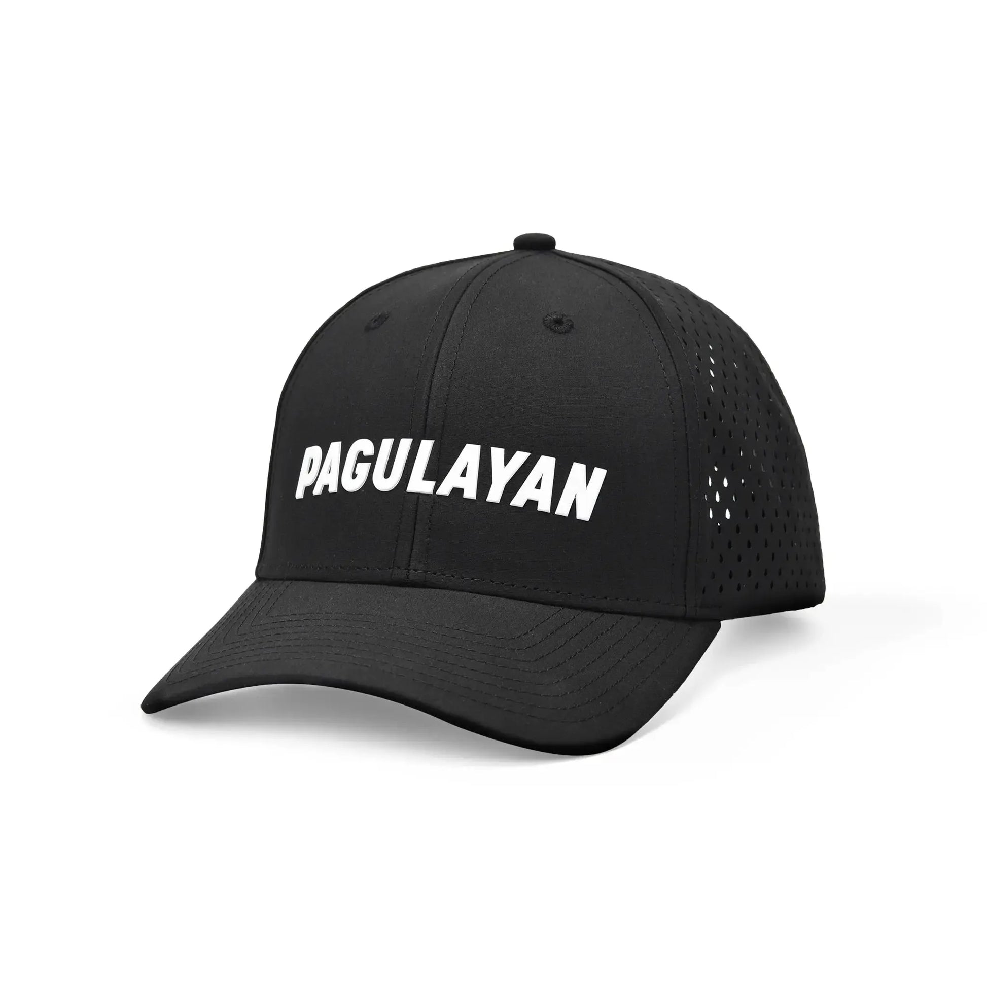 Pagulayan black perforated 6 panel cap with raised white Pagulayan logo, curved bill, and breathable perforated panels.