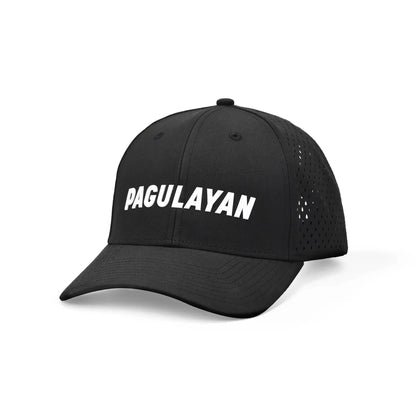 Pagulayan black perforated 6 panel cap with raised white Pagulayan logo, curved bill, and breathable perforated panels.