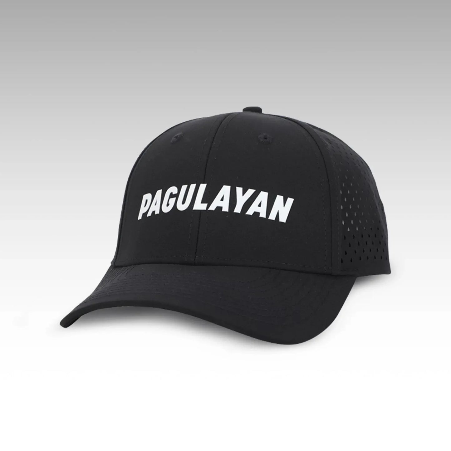 Pagulayan black perforated 6 panel cap with raised white Pagulayan logo, curved bill, and breathable ventilation holes.