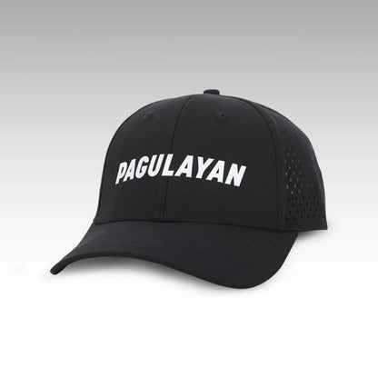 Pagulayan black perforated 6 panel cap with raised white Pagulayan logo, curved bill, and breathable ventilation holes.