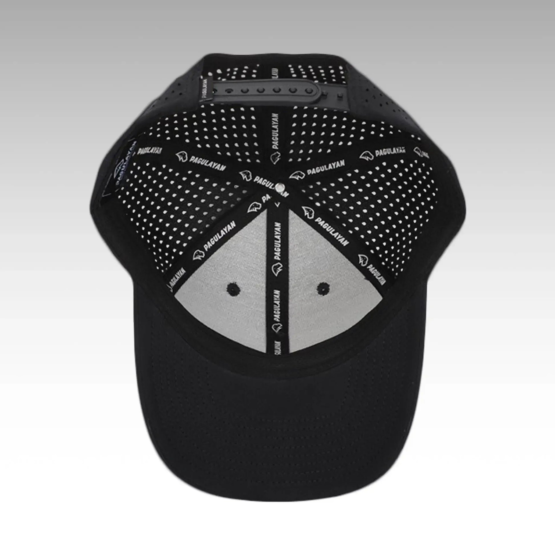 Interior view of Pagulayan black perforated 6 panel cap showing breathable lining, ventilation holes, and snapback closure.