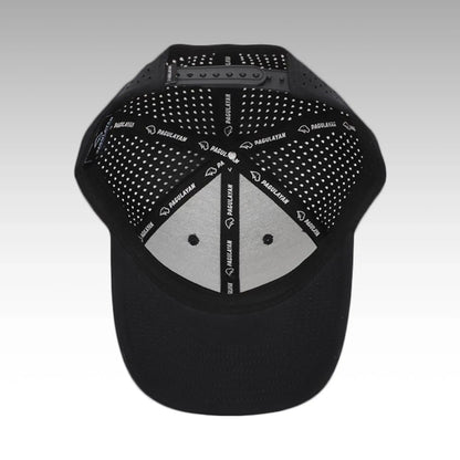 Interior view of Pagulayan black perforated 6 panel cap showing breathable lining, ventilation holes, and snapback closure.