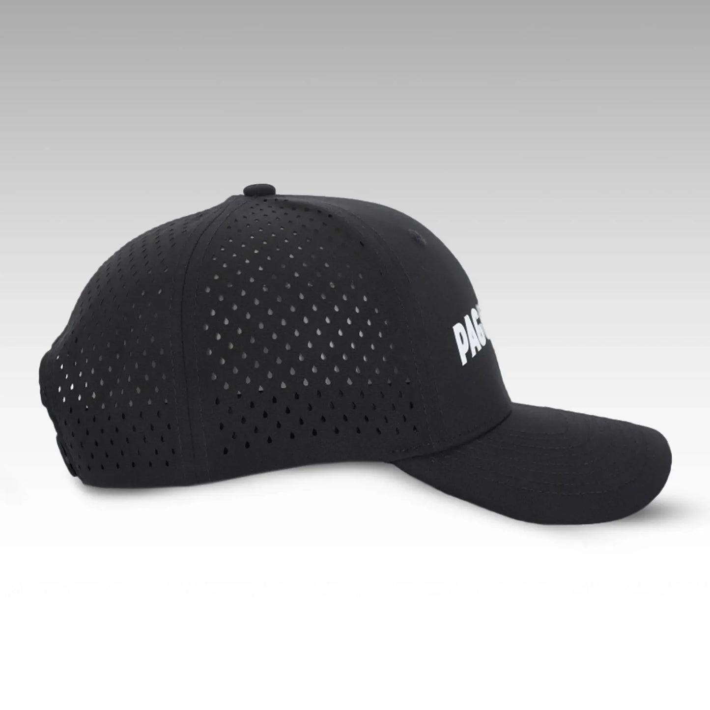 Side view of Pagulayan black perforated 6 panel cap with breathable ventilation holes and curved bill design.