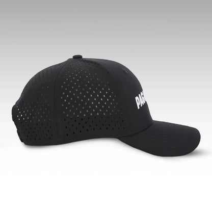Side view of Pagulayan black perforated 6 panel cap with breathable ventilation holes and curved bill design.