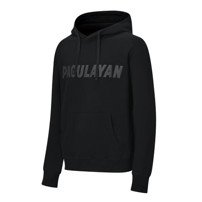Angled view of the Pagulayan Blackout Hoodie showing the tonal chest logo, hood, and kangaroo pocket.