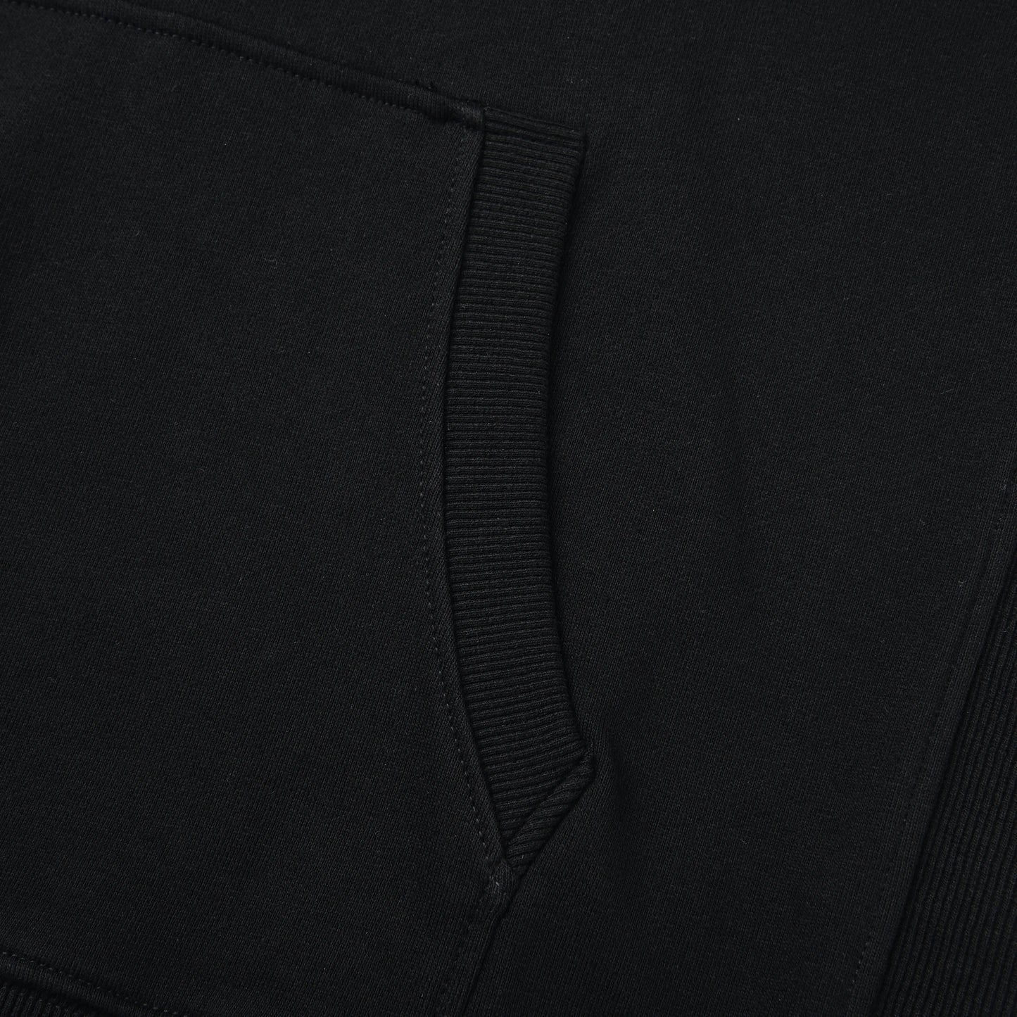 Close-up of the Blackout Hoodie kangaroo pocket showing the ribbed trim and clean stitching.