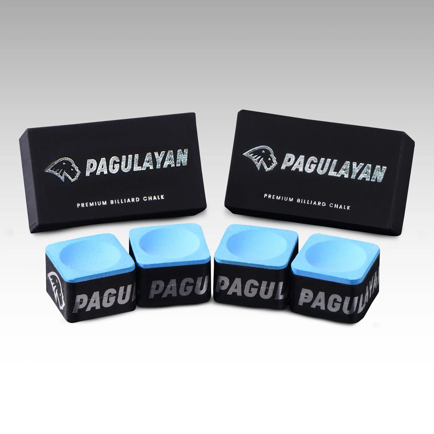 Four pieces of Pagulayan Blue Chalk displayed with two branded boxes in a clean product photo.