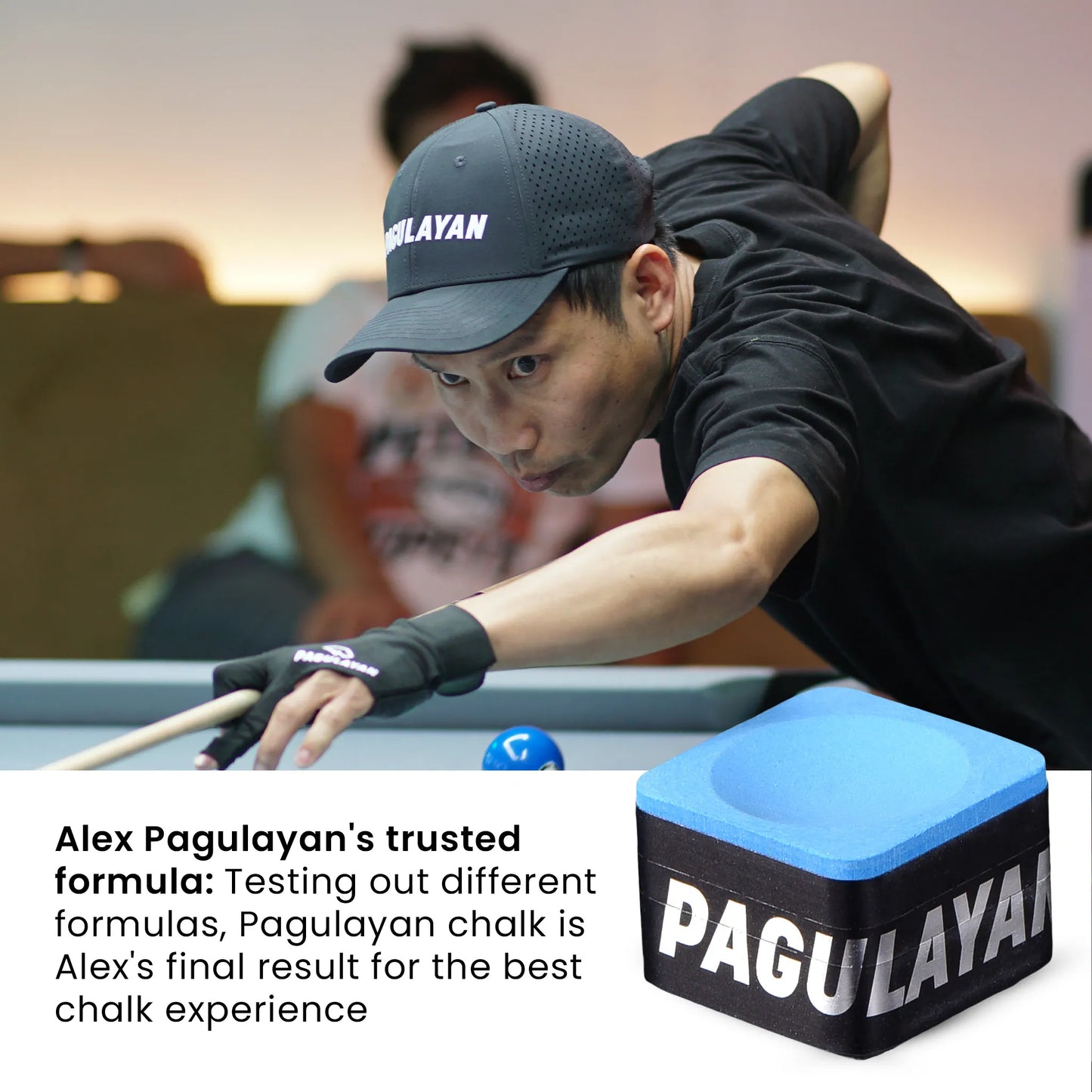 Alex Pagulayan taking a shot with Pagulayan Blue Chalk displayed beside him in a product highlight image.