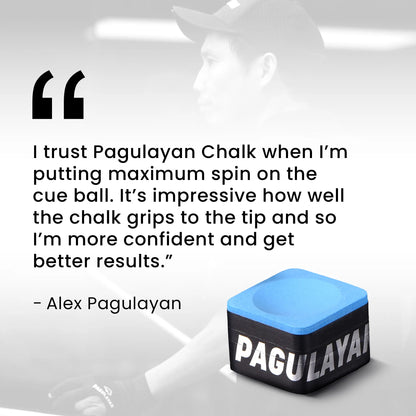 Alex Pagulayan in a faded action photo with Pagulayan Blue Chalk shown beside a testimonial quote.