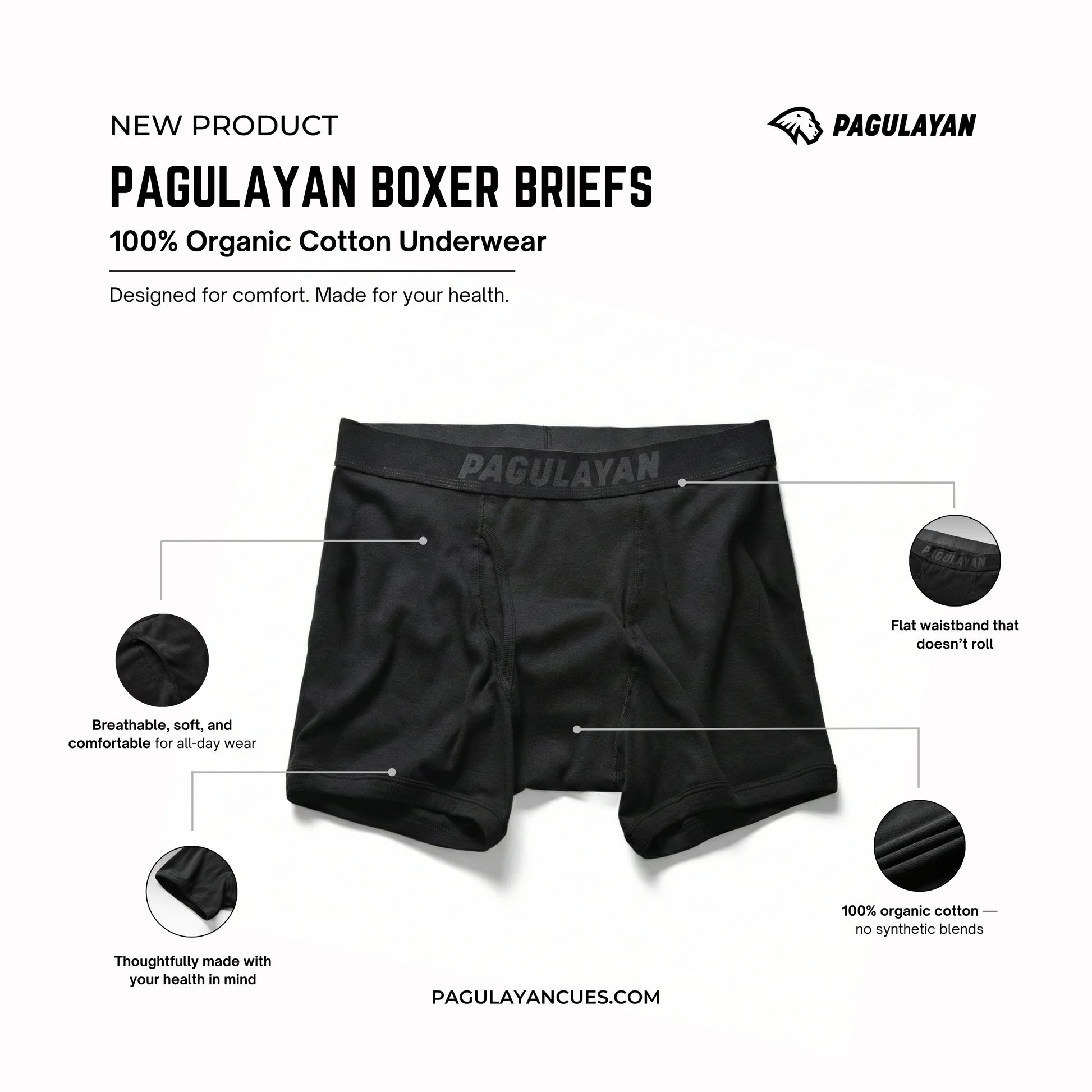 Pagulayan boxer briefs made from 100% organic cotton showing breathable fabric, flat waistband, and all-day comfort.