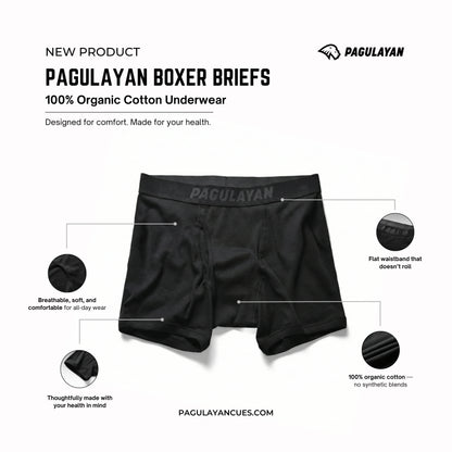 Pagulayan boxer briefs made from 100% organic cotton showing breathable fabric, flat waistband, and all-day comfort.