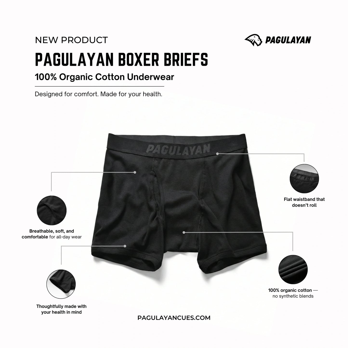 Pagulayan boxer briefs made from 100% organic cotton showing breathable fabric, flat waistband, and all-day comfort.