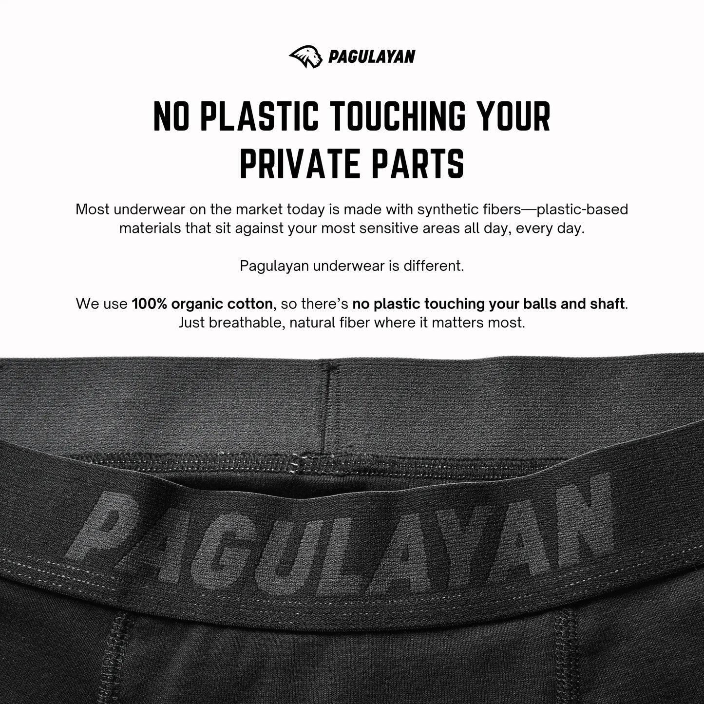 Pagulayan boxer briefs waistband made from 100% organic cotton highlighting no plastic touching sensitive areas.
