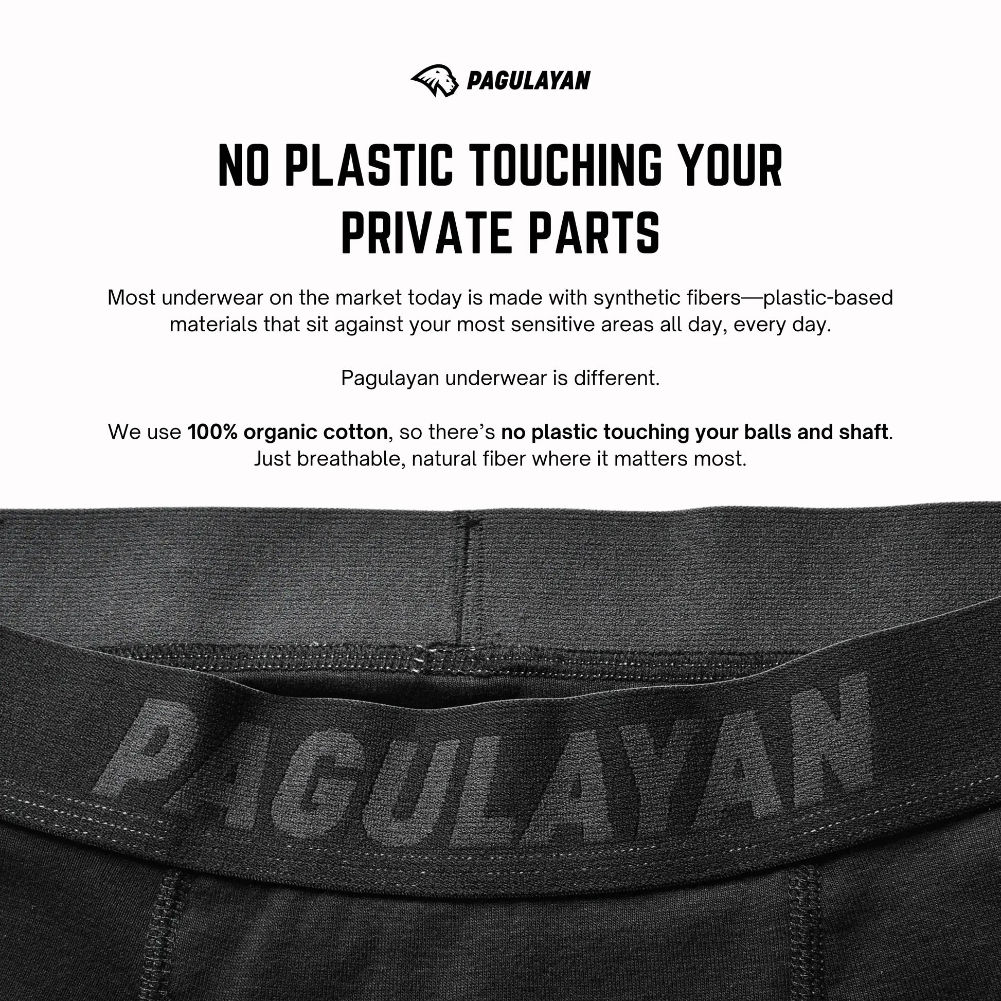 Pagulayan boxer briefs waistband made from 100% organic cotton highlighting no plastic touching sensitive areas.