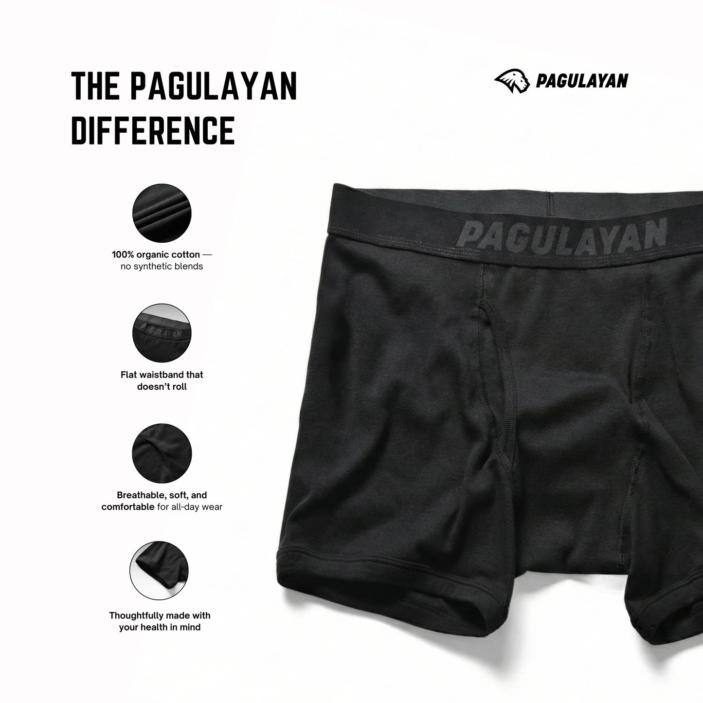 Pagulayan boxer briefs highlighting organic cotton fabric, flat waistband, breathable design, and all-day comfort.