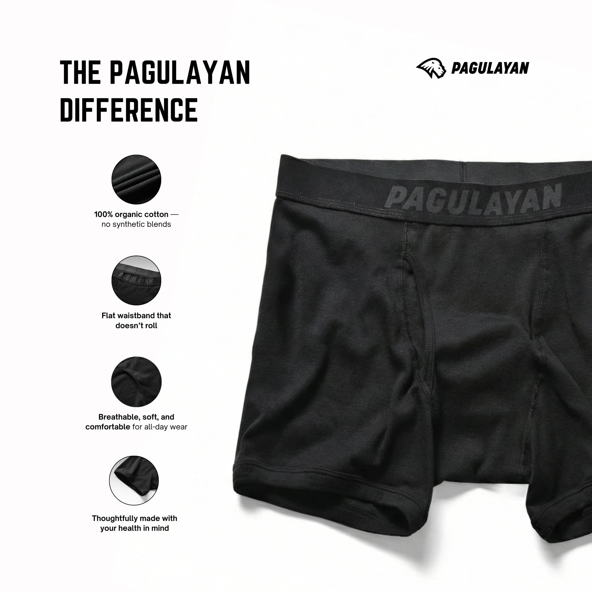 Pagulayan boxer briefs highlighting organic cotton fabric, flat waistband, breathable design, and all-day comfort.