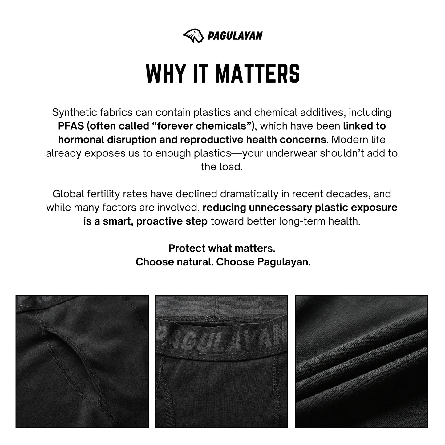 Educational graphic explaining why Pagulayan boxer briefs use organic cotton instead of synthetic plastic fabrics.