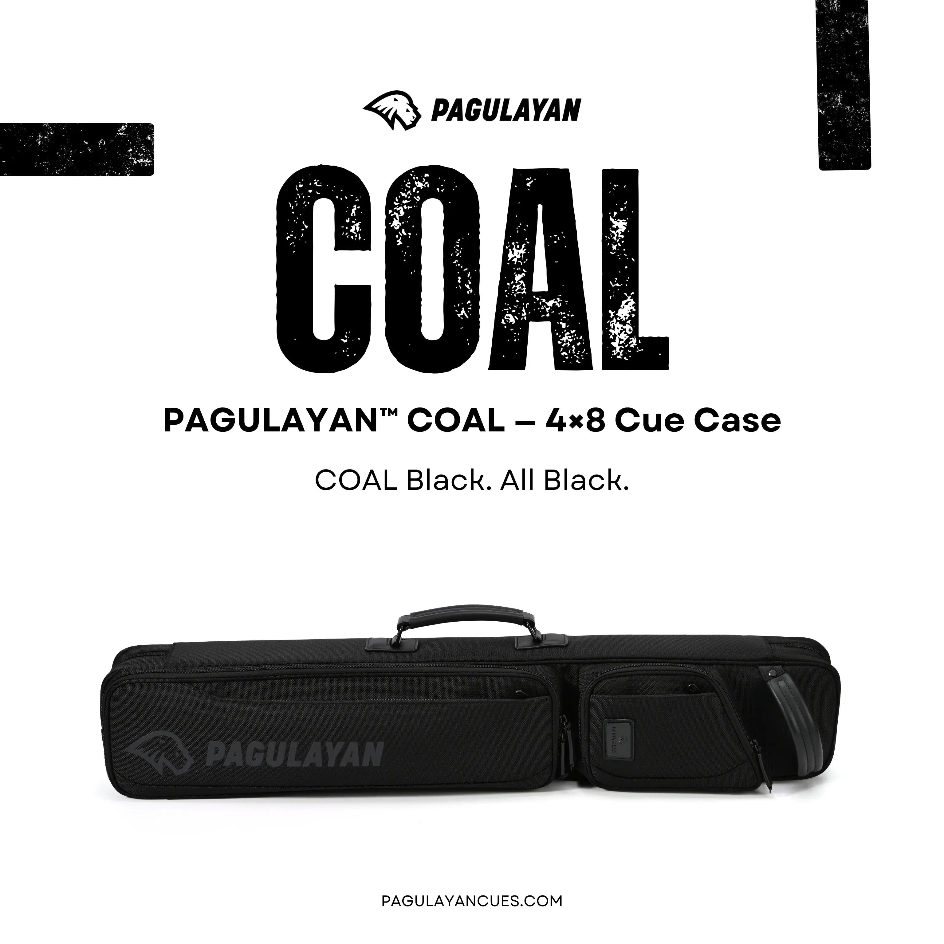 Pagulayan COAL 4x8 cue case in an all-black design, featuring high-capacity storage and a clean, professional profile.