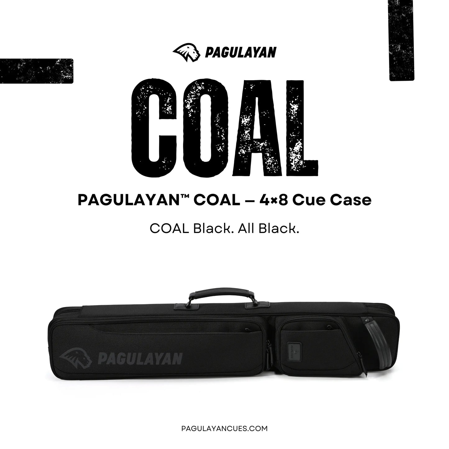 Pagulayan COAL 4x8 cue case in an all-black design, featuring high-capacity storage and a clean, professional profile.