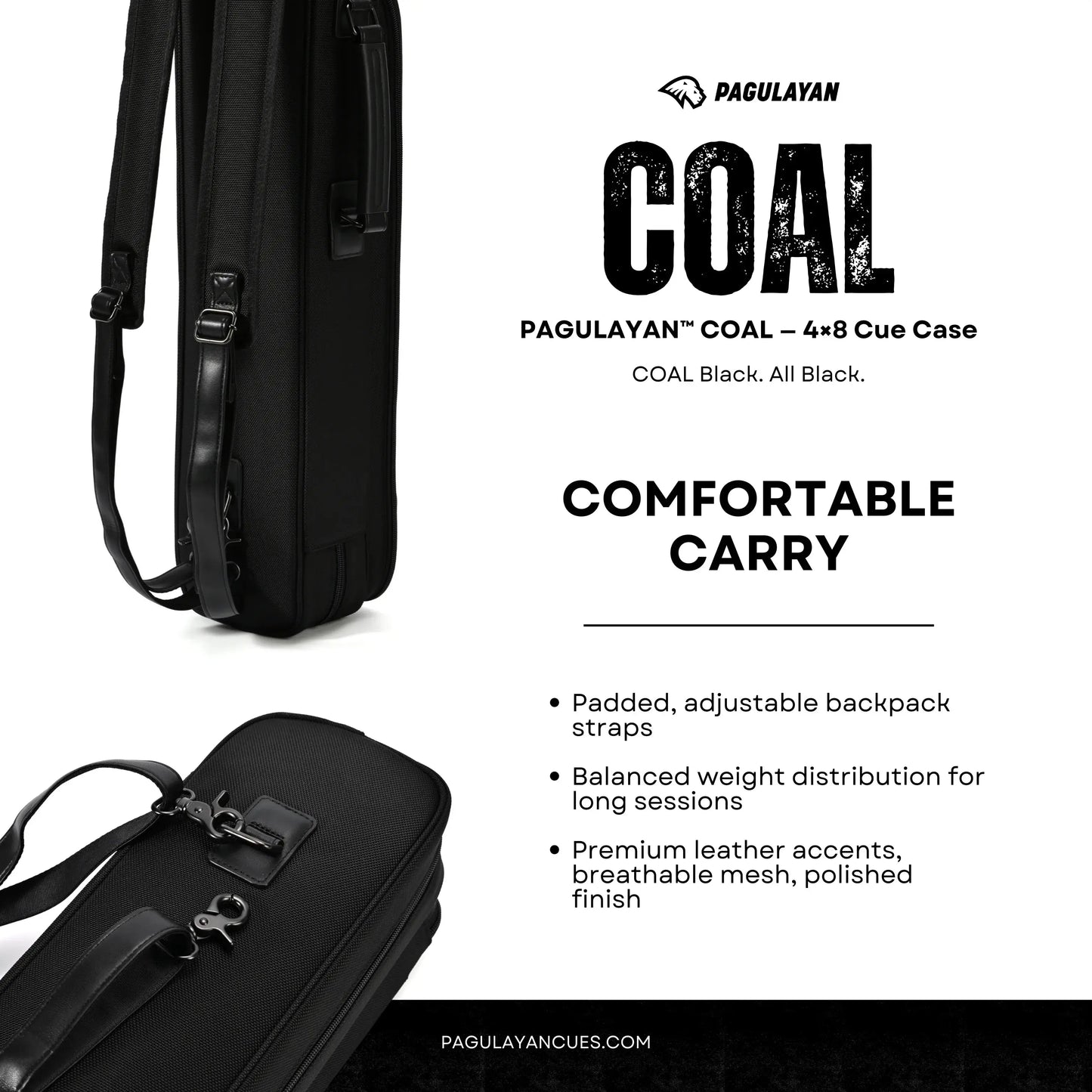 Padded, adjustable backpack straps on the Pagulayan COAL 4x8 cue case for balanced weight distribution and comfortable carry.